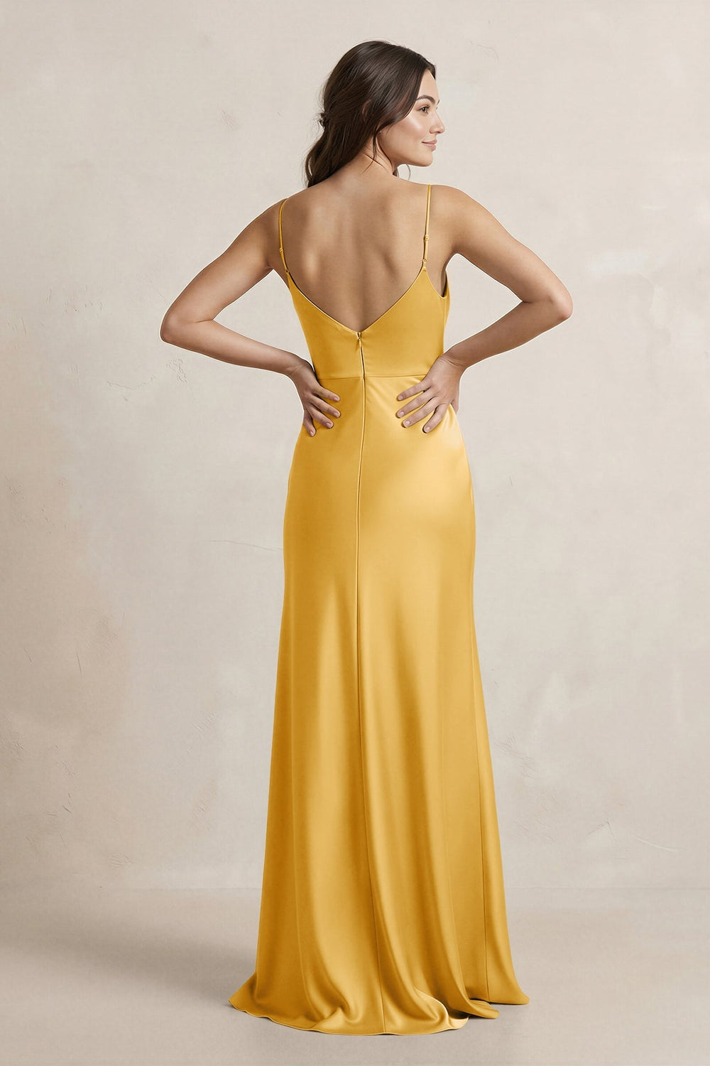 Spaghetti Strap Sheath Satin Bridesmaid Dress in Gold - KissProm Bridesmaid Dresses
