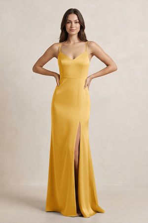 Spaghetti Strap Sheath Satin Bridesmaid Dress in Gold - KissProm Bridesmaid Dresses