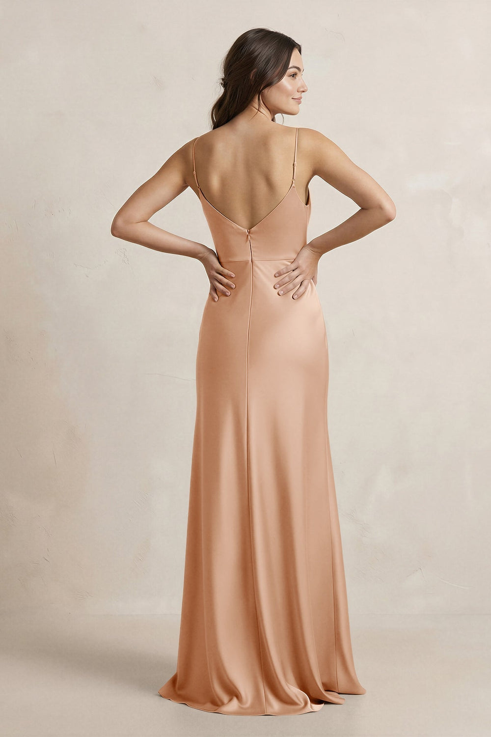 Spaghetti Strap Sheath Satin Bridesmaid Dress in Golden Champagne - KissProm Bridesmaid Dresses