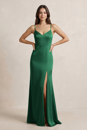 Spaghetti Strap Sheath Satin Bridesmaid Dress in Green - KissProm Bridesmaid Dresses