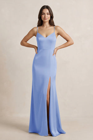Spaghetti Strap Sheath Satin Bridesmaid Dress in Ice - KissProm Bridesmaid Dresses