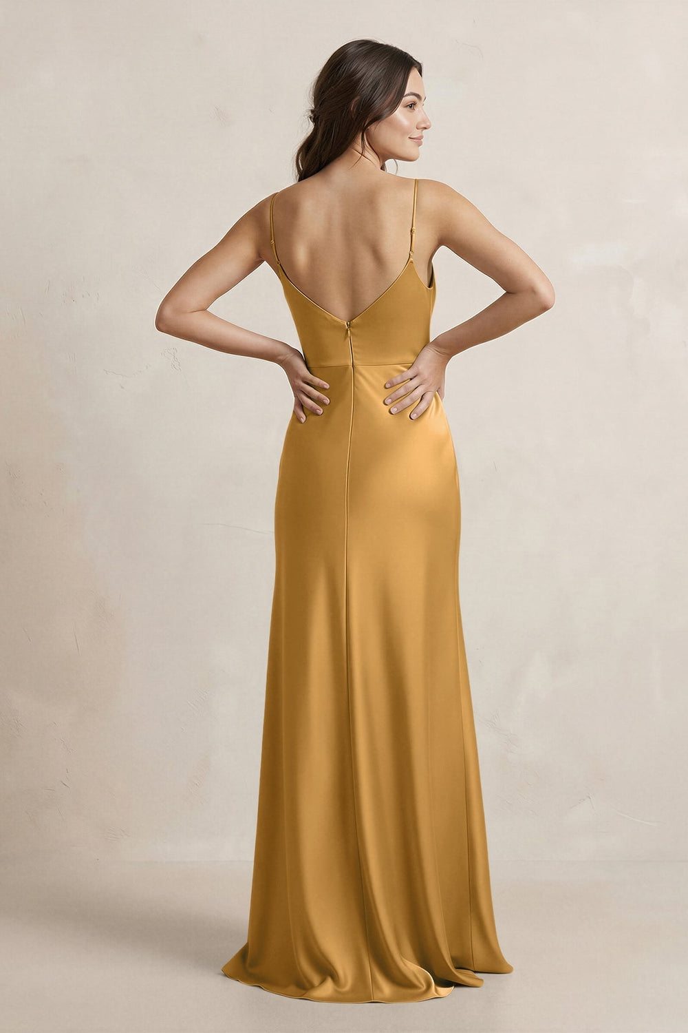 Spaghetti Strap Sheath Satin Bridesmaid Dress in Marigold - KissProm Bridesmaid Dresses