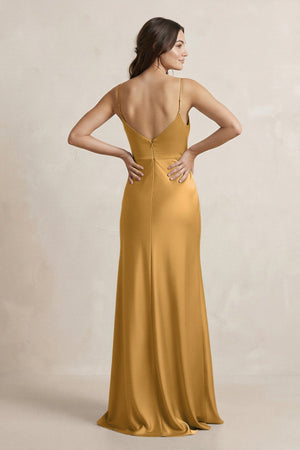Spaghetti Strap Sheath Satin Bridesmaid Dress in Marigold - KissProm Bridesmaid Dresses