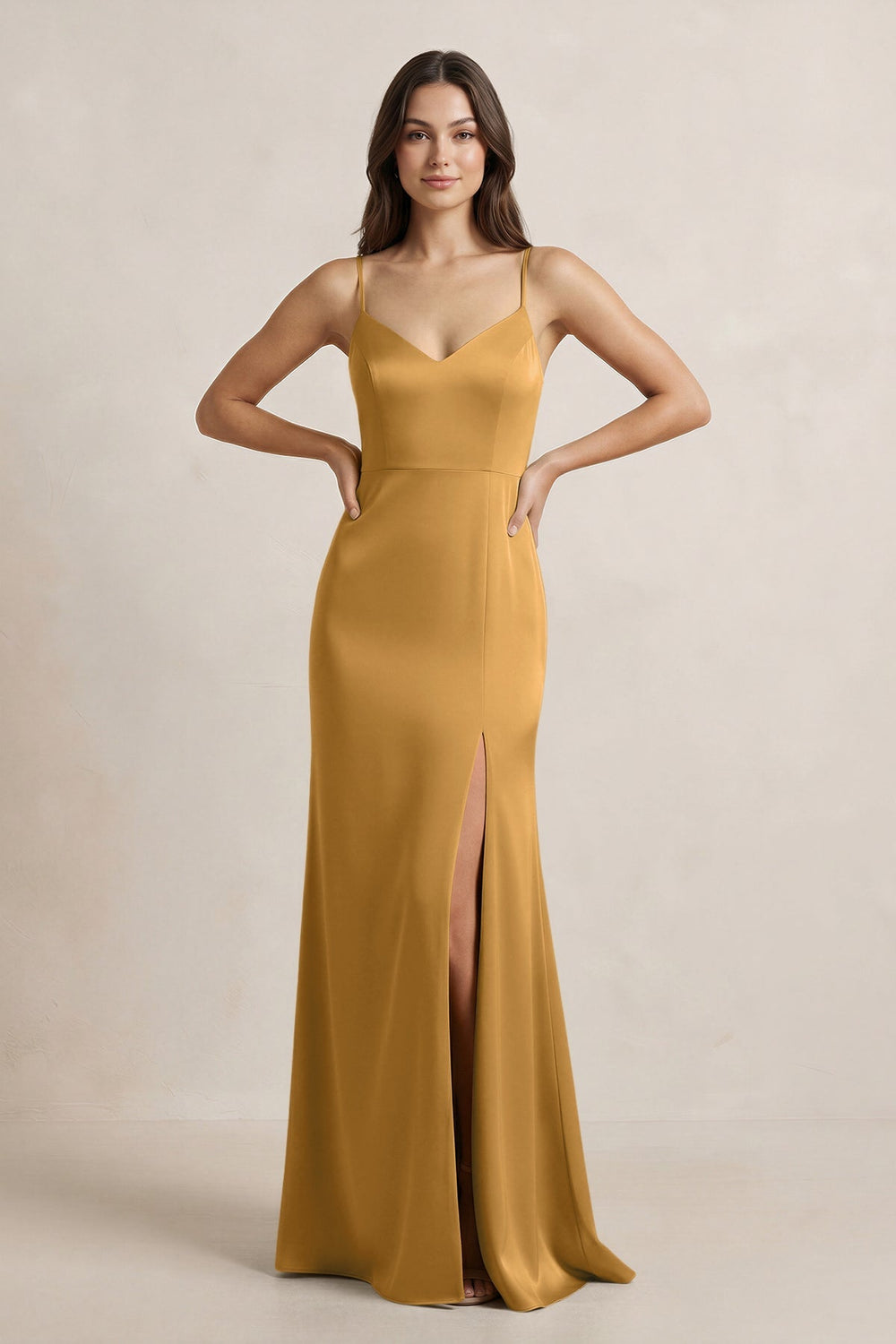 Spaghetti Strap Sheath Satin Bridesmaid Dress in Marigold - KissProm Bridesmaid Dresses