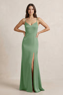 Spaghetti Strap Sheath Satin Bridesmaid Dress in Matcha - KissProm Bridesmaid Dresses