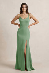 Spaghetti Strap Sheath Satin Bridesmaid Dress in Matcha - KissProm Bridesmaid Dresses