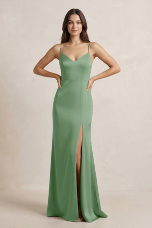 Spaghetti Strap Sheath Satin Bridesmaid Dress in Matcha - KissProm Bridesmaid Dresses