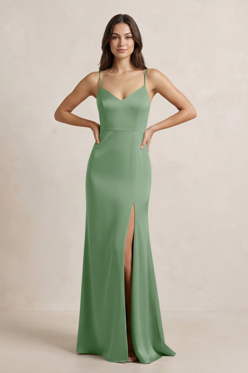 Spaghetti Strap Sheath Satin Bridesmaid Dress in Matcha - KissProm Bridesmaid Dresses