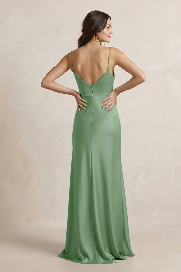 Spaghetti Strap Sheath Satin Bridesmaid Dress in Matcha - KissProm Bridesmaid Dresses