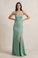 Spaghetti Strap Sheath Satin Bridesmaid Dress in Mint Green - KissProm Bridesmaid Dresses