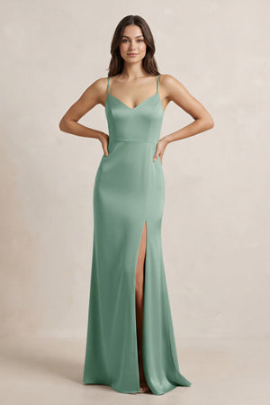 Spaghetti Strap Sheath Satin Bridesmaid Dress in Mint Green - KissProm Bridesmaid Dresses