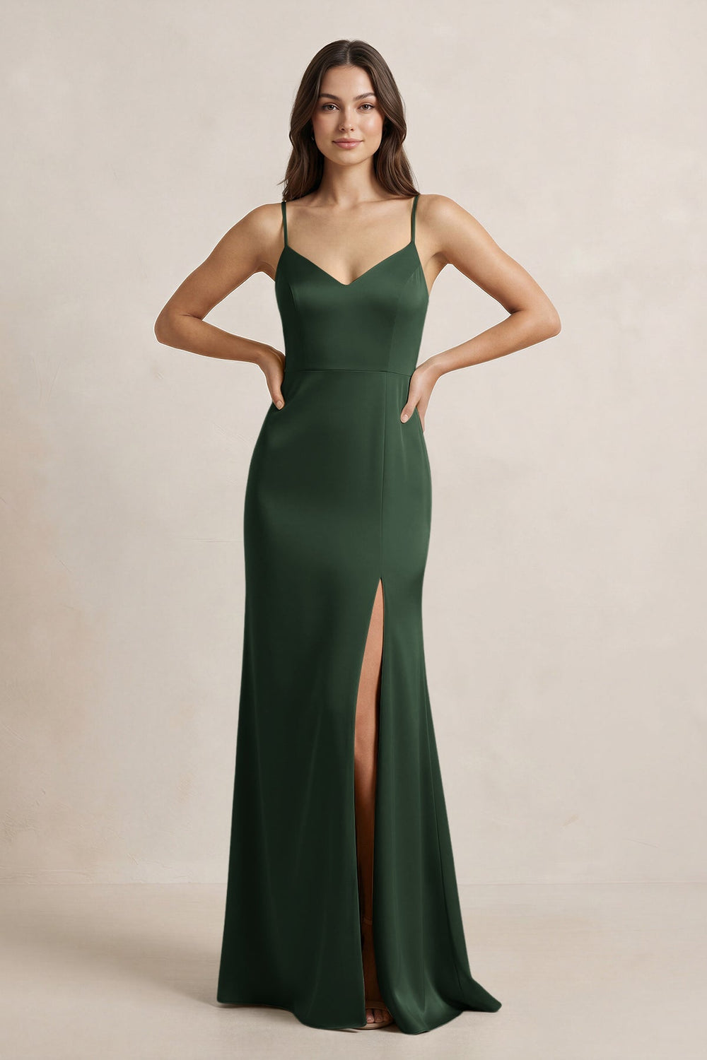 Spaghetti Strap Sheath Satin Bridesmaid Dress in Moss - KissProm Bridesmaid Dresses
