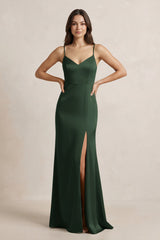 Spaghetti Strap Sheath Satin Bridesmaid Dress in Moss - KissProm Bridesmaid Dresses