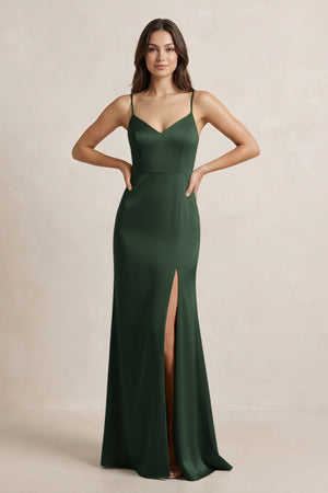 Spaghetti Strap Sheath Satin Bridesmaid Dress in Moss - KissProm Bridesmaid Dresses