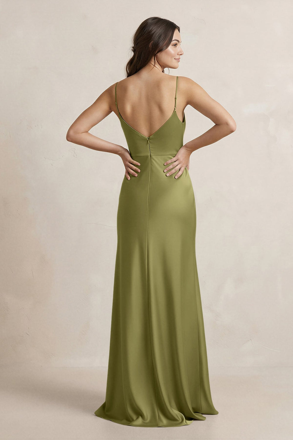 Spaghetti Strap Sheath Satin Bridesmaid Dress in Moss Green - KissProm Bridesmaid Dresses