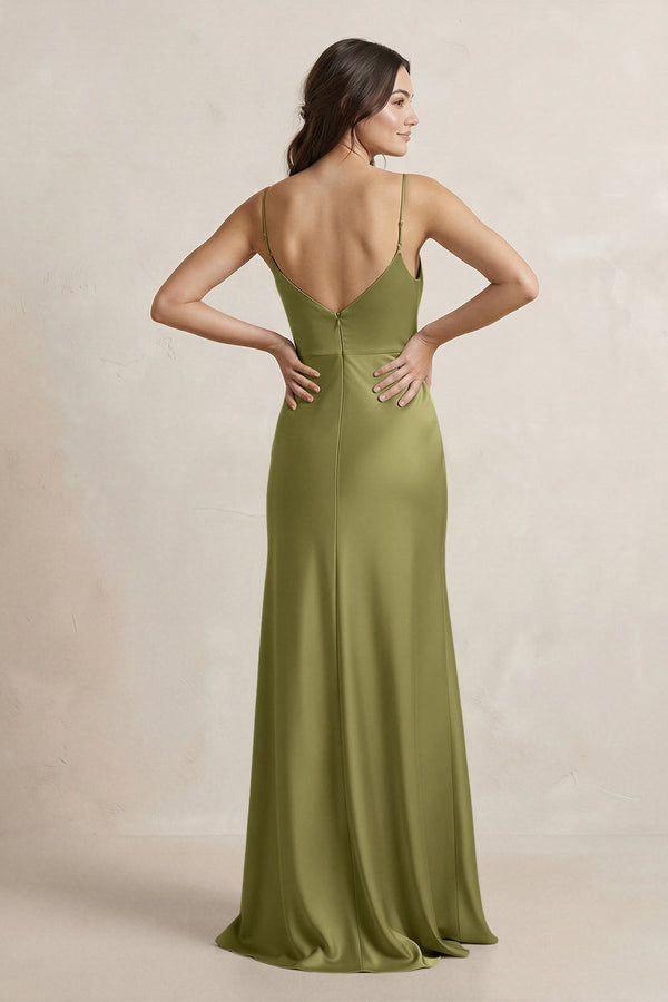 Spaghetti Strap Sheath Satin Bridesmaid Dress in Moss Green - KissProm Bridesmaid Dresses