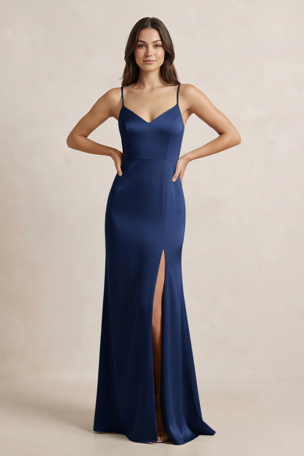 Spaghetti Strap Sheath Satin Bridesmaid Dress in Navy - KissProm Bridesmaid Dresses