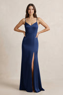 Spaghetti Strap Sheath Satin Bridesmaid Dress in Navy - KissProm Bridesmaid Dresses