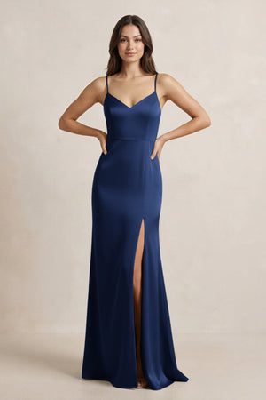 Spaghetti Strap Sheath Satin Bridesmaid Dress in Navy - KissProm Bridesmaid Dresses