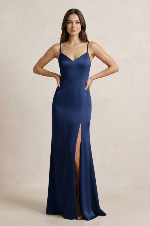 Spaghetti Strap Sheath Satin Bridesmaid Dress in Navy - KissProm Bridesmaid Dresses