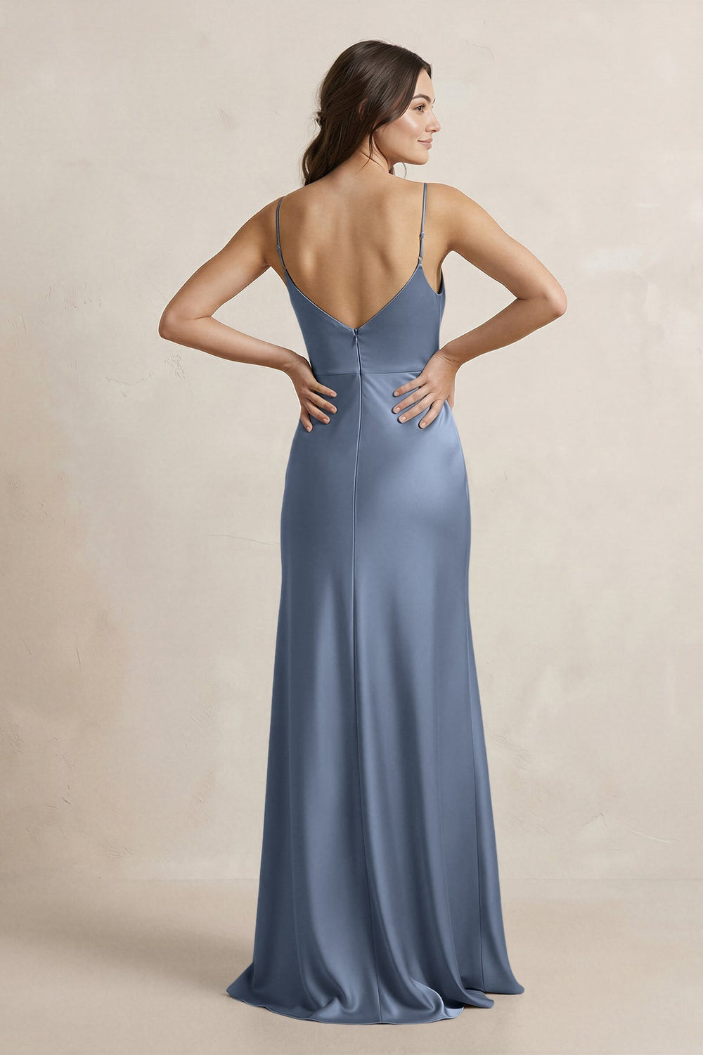 Spaghetti Strap Sheath Satin Bridesmaid Dress in Neptune - KissProm Bridesmaid Dresses