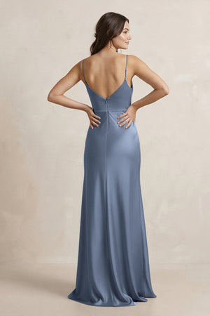 Spaghetti Strap Sheath Satin Bridesmaid Dress in Neptune - KissProm Bridesmaid Dresses