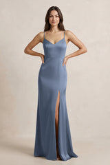Spaghetti Strap Sheath Satin Bridesmaid Dress in Neptune - KissProm Bridesmaid Dresses