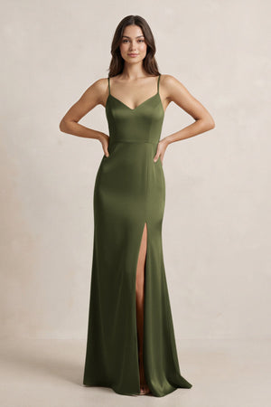 Spaghetti Strap Sheath Satin Bridesmaid Dress in Olive - KissProm Bridesmaid Dresses