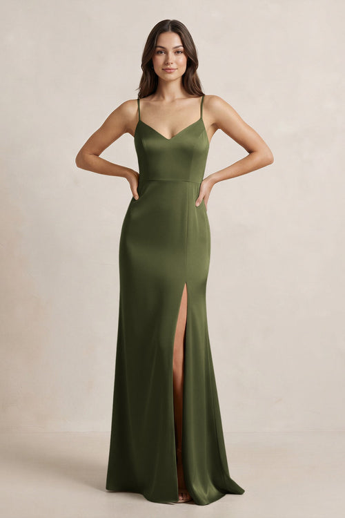 Spaghetti Strap Sheath Satin Bridesmaid Dress in Olive