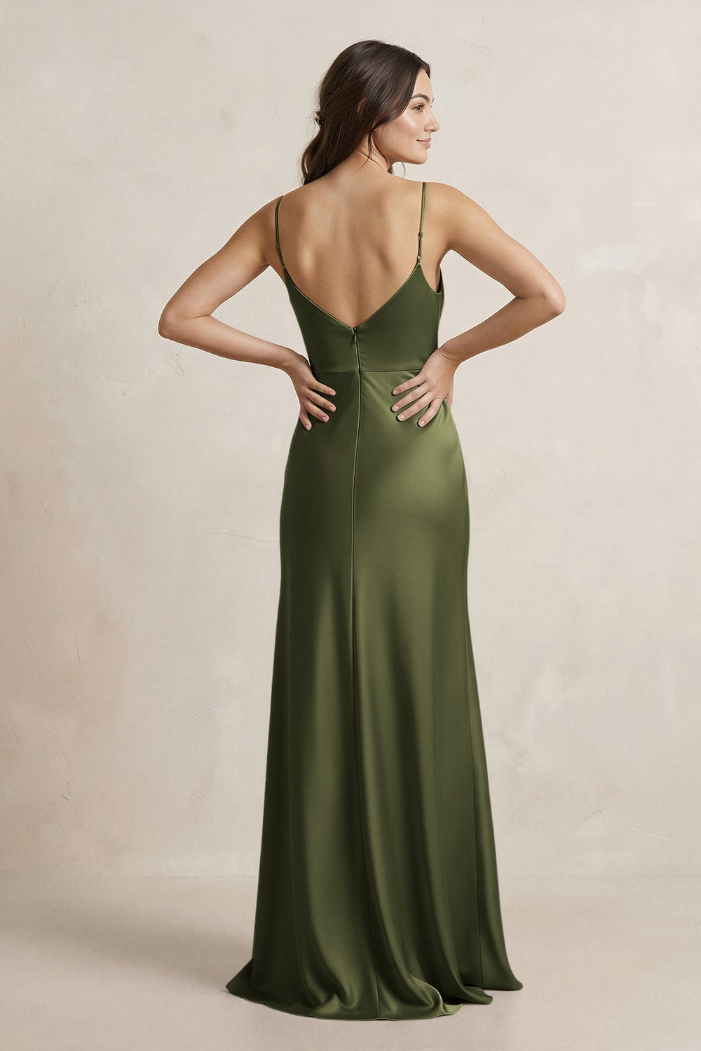 Spaghetti Strap Sheath Satin Bridesmaid Dress in Olive - KissProm Bridesmaid Dresses