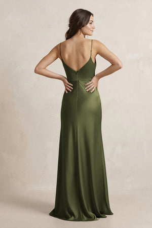 Spaghetti Strap Sheath Satin Bridesmaid Dress in Olive - KissProm Bridesmaid Dresses