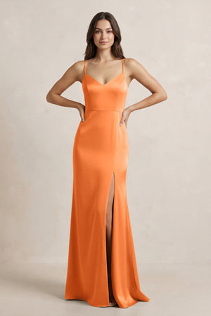 Spaghetti Strap Sheath Satin Bridesmaid Dress in Orange - KissProm Bridesmaid Dresses