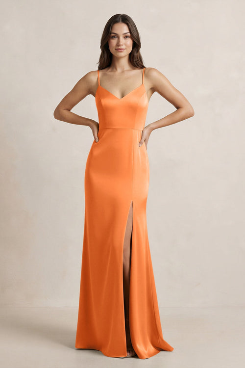 Spaghetti Strap Sheath Satin Bridesmaid Dress in Orange