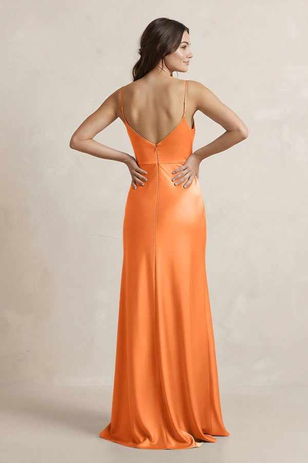 Spaghetti Strap Sheath Satin Bridesmaid Dress in Orange - KissProm Bridesmaid Dresses