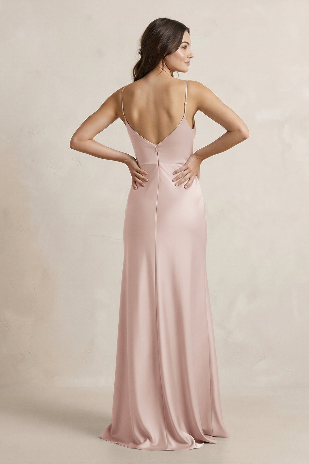 Spaghetti Strap Sheath Satin Bridesmaid Dress in Pale Blush - KissProm Bridesmaid Dresses