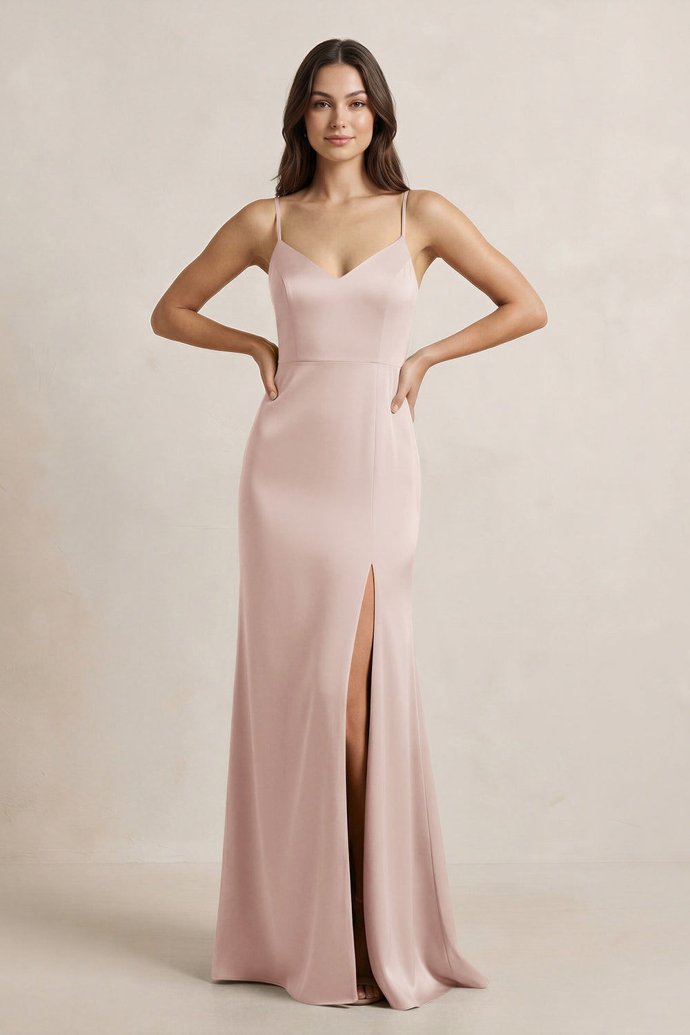 Spaghetti Strap Sheath Satin Bridesmaid Dress in Pale Blush - KissProm Bridesmaid Dresses