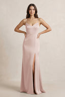 Spaghetti Strap Sheath Satin Bridesmaid Dress in Pale Blush - KissProm Bridesmaid Dresses