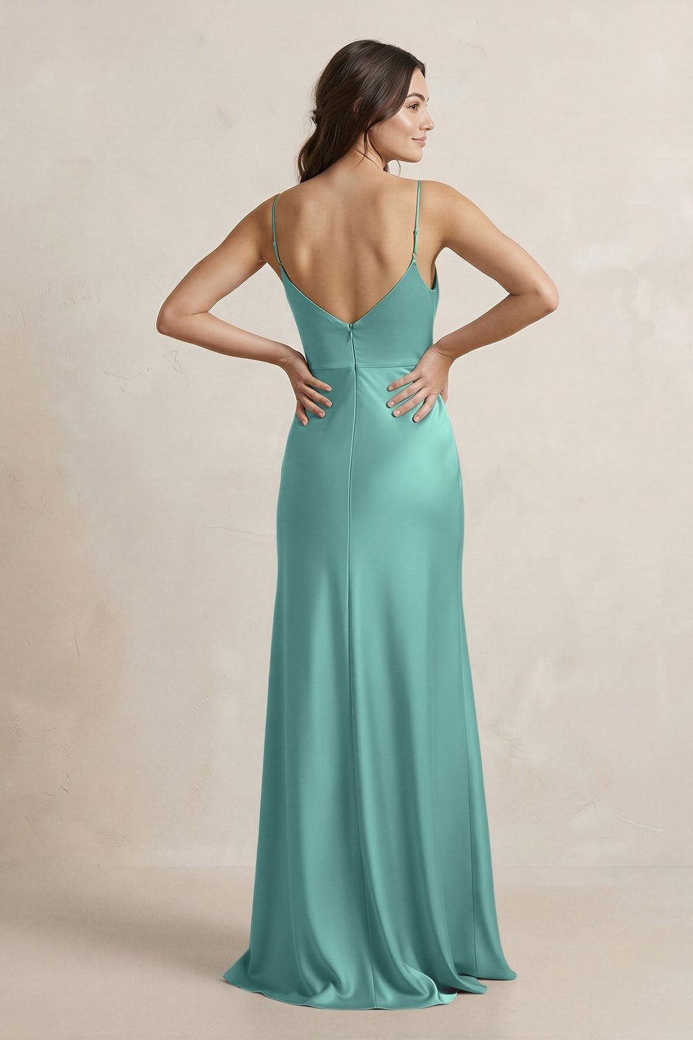 Spaghetti Strap Sheath Satin Bridesmaid Dress in Pale Pistachio - KissProm Bridesmaid Dresses