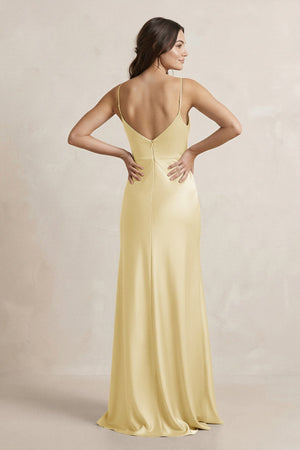 Spaghetti Strap Sheath Satin Bridesmaid Dress in Pastel Yellow - KissProm Bridesmaid Dresses