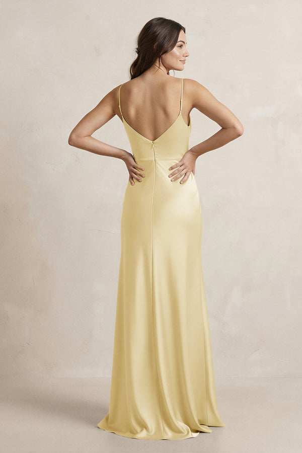 Spaghetti Strap Sheath Satin Bridesmaid Dress in Pastel Yellow - KissProm Bridesmaid Dresses