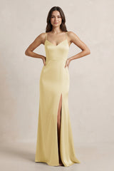 Spaghetti Strap Sheath Satin Bridesmaid Dress in Pastel Yellow - KissProm Bridesmaid Dresses
