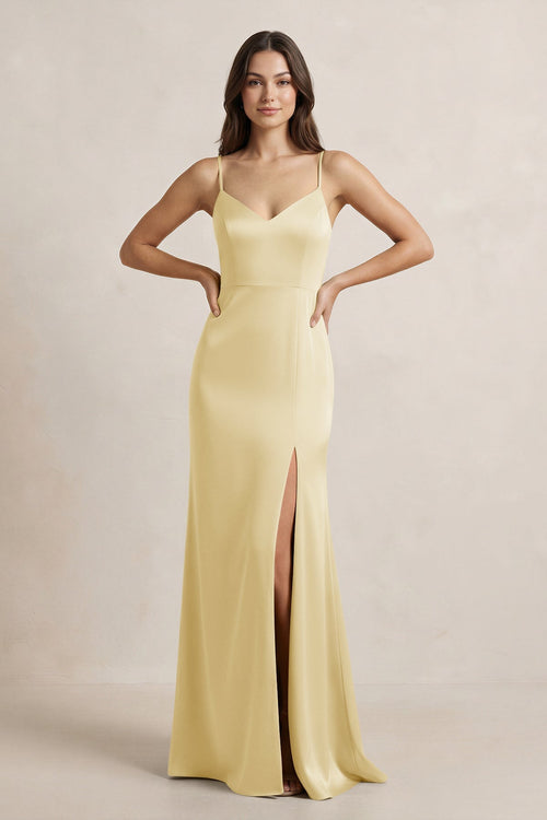 Spaghetti Strap Sheath Satin Bridesmaid Dress in Pastel Yellow
