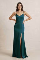 Spaghetti Strap Sheath Satin Bridesmaid Dress in Pine - KissProm Bridesmaid Dresses