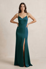 Spaghetti Strap Sheath Satin Bridesmaid Dress in Pine - KissProm Bridesmaid Dresses