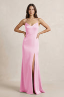 Spaghetti Strap Sheath Satin Bridesmaid Dress in Pink - KissProm Bridesmaid Dresses