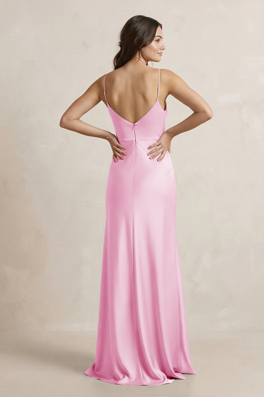 Spaghetti Strap Sheath Satin Bridesmaid Dress in Pink - KissProm Bridesmaid Dresses