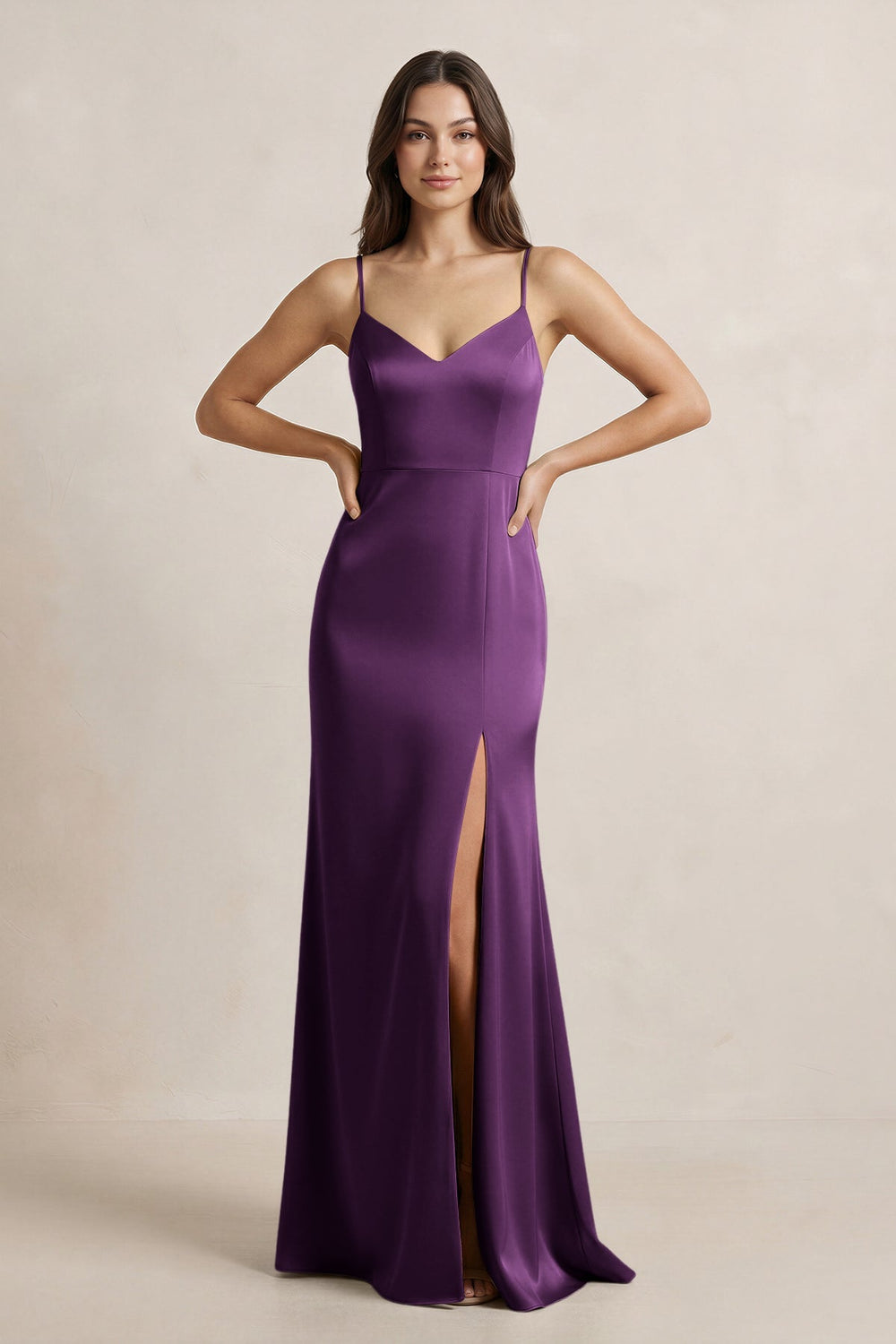 Spaghetti Strap Sheath Satin Bridesmaid Dress in Plum - KissProm Bridesmaid Dresses