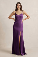 Spaghetti Strap Sheath Satin Bridesmaid Dress in Plum - KissProm Bridesmaid Dresses