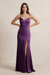 Spaghetti Strap Sheath Satin Bridesmaid Dress in Plum - KissProm Bridesmaid Dresses