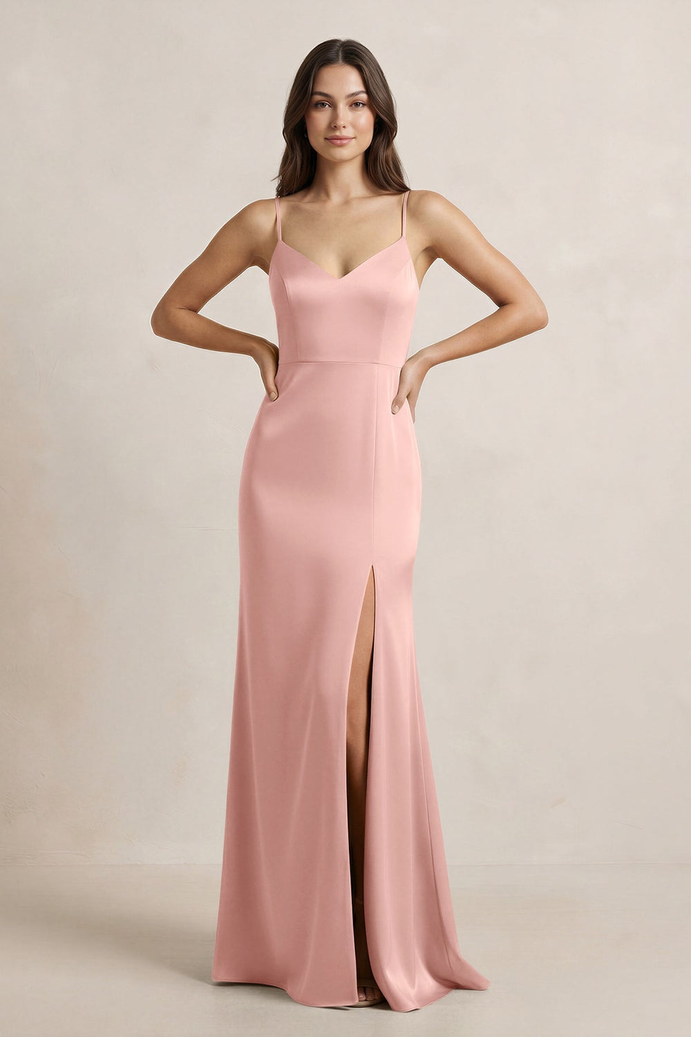 Spaghetti Strap Sheath Satin Bridesmaid Dress in Rose Petal - KissProm Bridesmaid Dresses